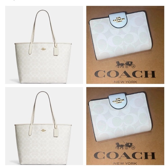 NWT COACH City Tote CV976 & Matching Wallet Chalk/Glacier White Gold Hardware - Picture 1 of 14